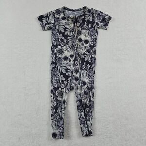 Bums & Roses Skulls Floral Bamboo Romper 6-9 Months Black Gray Zip Halloween